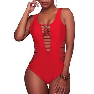 Red side & front cutout one piece swimsuit size L